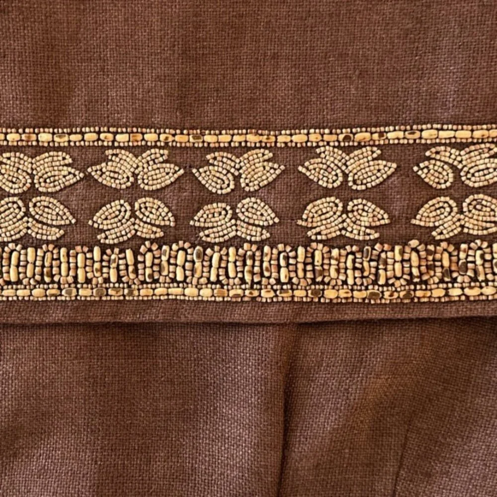 Krizia Italy Brown 100% Silk (Linen Look) Vintage Wrap Wood Bead Skirt New NWT 4